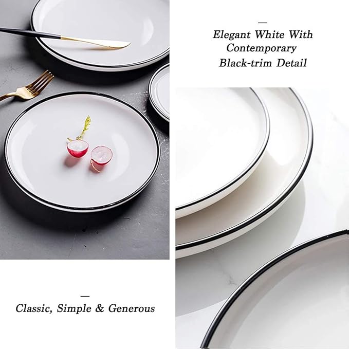 BonNoces 6-inch Small Porcelain Appetizer Plates, White with Black Edges Dinner Side Dishes Serving Plate, Dessert, Salad, Snacks Plate, Set of 6
