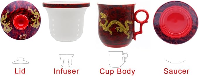 PLESIU Yuhytop Groye Tea Talent Porcelain Tea Cup with Infuser Lid and Saucer Sets - Chinese Jingdezhen Ceramics Coffee Mug Teacup Loose Leaf Tea Brewing System for Home Office