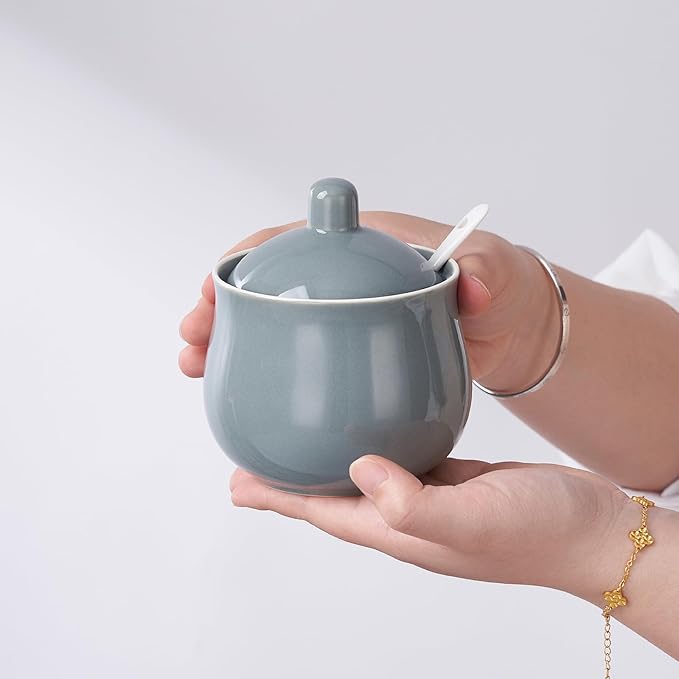 Ceramic Sugar Bowl with Lid and Spoon, Gray Porcelain Sugar Salt Pepper Storage Jar, 12 Ounces