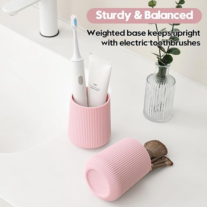 Pink Striped Toothbrush Holder for Electric Toothbrushes Bathroom Organizer Cup for Toothpaste Kids & Adults
