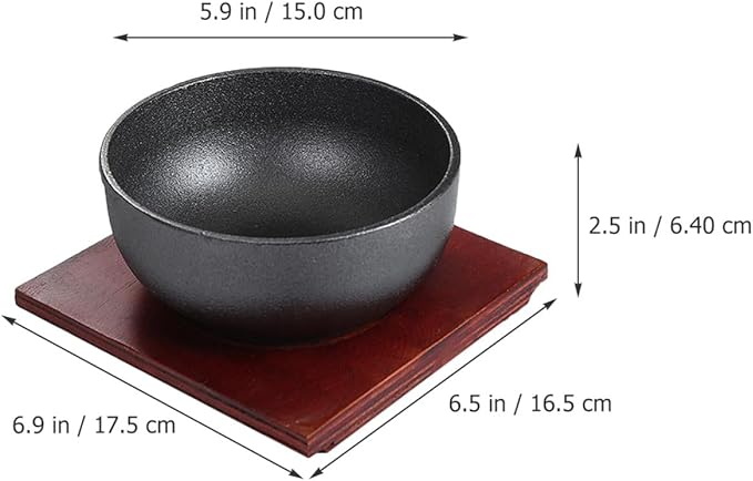 Cast Iron Bibimbap Bowl Set 15cm Korean Stone Pot with Wooden Tray for Induction Cooker Daily Use Kitchen Serving and Mixing Food Bowl