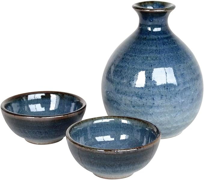 有田焼やきもの市場 Sake set 3 pcs made in Japan ceramic Arita ware 1 pc Tokkuri bottle and 2 pcs Cups AI Blue