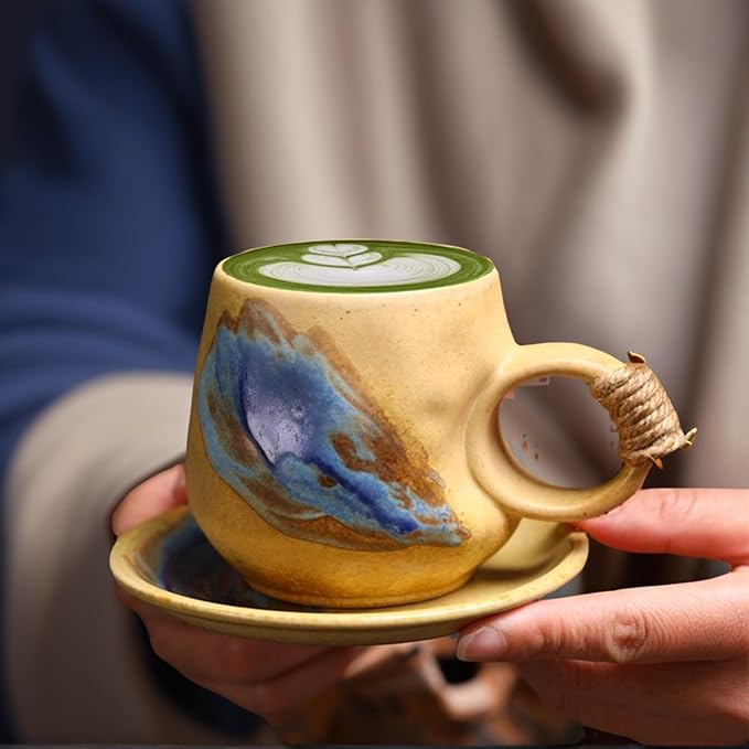 8oz Small Vintage Japanese Style Handmade Ceramic Tea Cup with Saucer , Lead-Free Cappuccino Mug, Artisanal Coffee Mug with saucer set,Handcrafted mug with handle, For Espresso, Latte(1, Light brown)