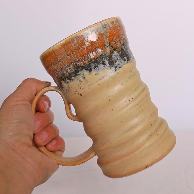 17oz Large Unique Cool Tall Handmade Ceramic Coffee Mug with Comfortable Big handle, Big Pottery Tea Mug, Artisanal Stoneware Coffee cup, Rustic Lead-free Tea Cups, Microwave safe,Biege and Brown