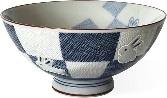 Traditional Style Japanese Ceramics Rice Bowl Chawan Pottery, Dishwasher Microwave Safe Made in Japan (Ichimatsu Usagi, Medium (oohira))