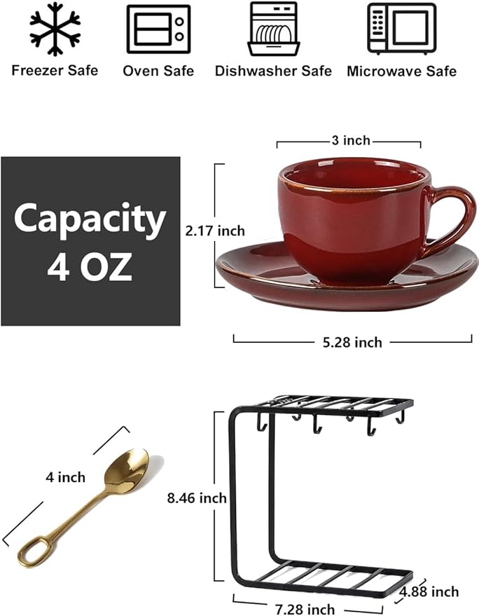 vicrays Ceramic Espresso Coffee Cups Set 4 oz Porcelain Espresso Cups with Saucers Spoons and Metal Stand for Tea Cafe Cappuccino Latte - Set of 6 - Cherry Red