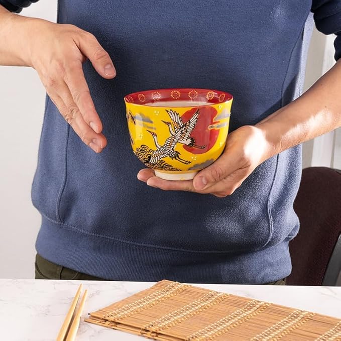 Urban Tokyo Handpainted Ceramic Glazed Japanese Ramen Udon Noodle Rice Bowl With Chopsticks 20 fl oz 5 inch Diameter Bowl Sets Color Box Packaging (Crane and Moon Design)