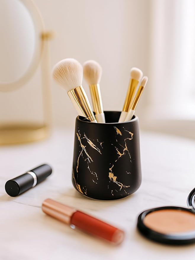 Black Marble Ceramic Toothbrush Holder Cup – 14.2oz Bathroom Tumbler for Toothbrushes or Makeup Brushes, Matte Black with Gold Veins