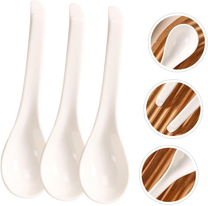 6Pcs White Ceramic Soup Spoons Small Rice Ladles Household Kitchen Utensils Porcelain Serving Spoons for Soup Porridge Dessert