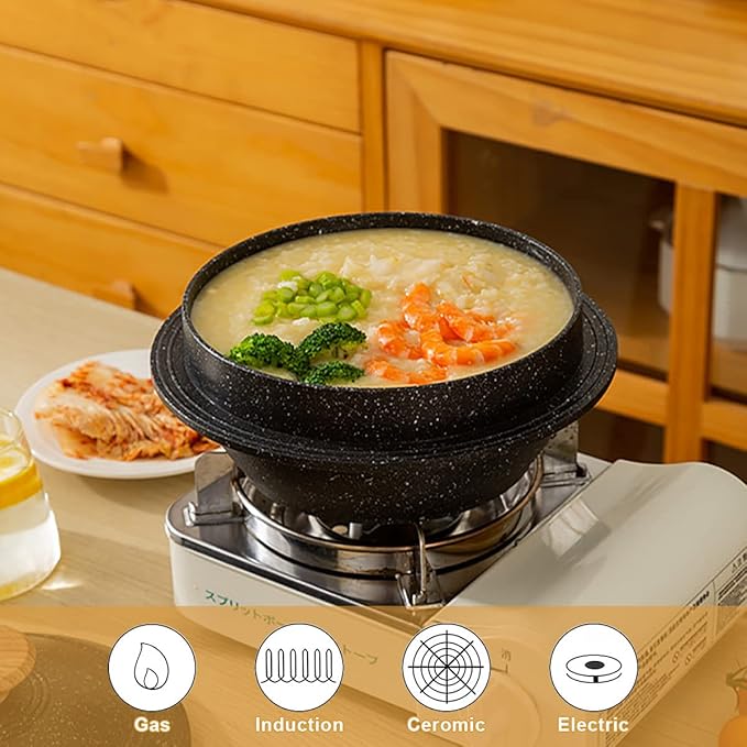 Cast Aluminum Pot with Lid, 63 oz Non-Stick Casserole Dish Korean Stone Bowl Induction Compatible, 1875 ml - Black