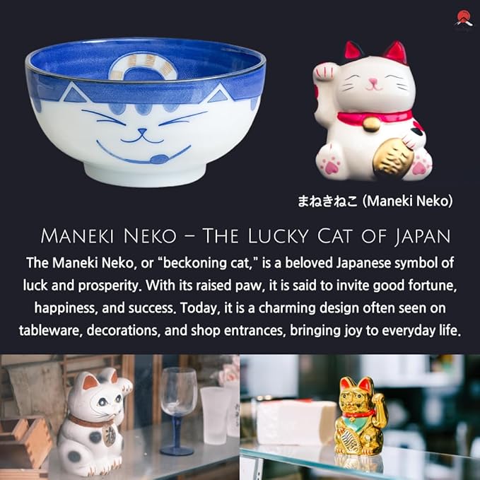 JapanBargain, Set of 4 Japanese Large Porcelain Bowls Seving Soup Rice Noodle Salad, Maneki Neko Smiling Cat Pattern, 34 fl.oz, 6.25-inch, Made in Japan
