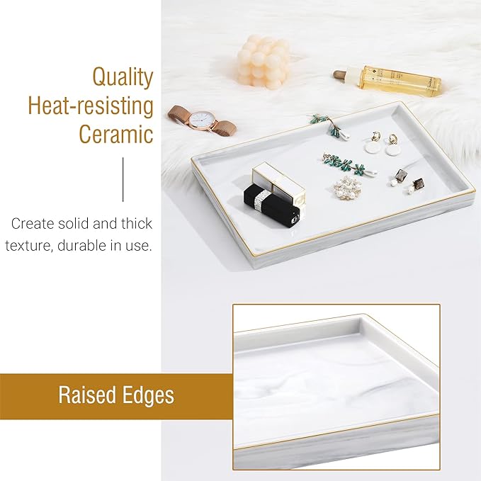 Shinowa Ceramic Vanity Tray, Bathroom Counter Tray Marble Finish Perfume Tray Rectangle Decorative Tray for Vanity Dresser Bathroom Countertop Living Room Kitchen, Large Size - Marble White