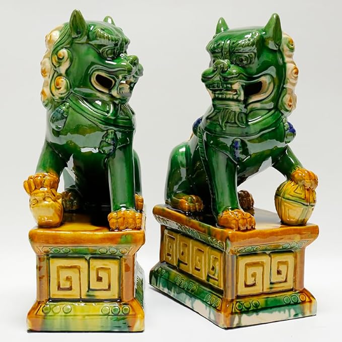 Handcrafted Ceramic Feng Shui Foo Dog Statues Pair Asian Guardian Lions for Office, Home, Housewarming, and Store Opening Gifts Traditional Chinese Decor,Dark Green,7.48 * 12.2in