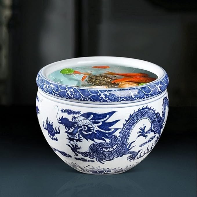 Ceramic Flower Pots Chinese Blue And White Porcelain Asian Double Dragon Fire Pearl Fish Bowl Succulent Plant Pots Succulent Planter Indoor Decoration Cylinder Planter Bonsai Pots-18.5x13.5cm