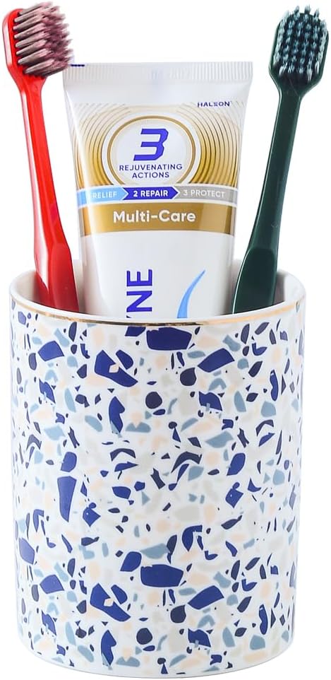Ceramic Toothbrush Holder Toothpaste Holders, Cute Bathroom Tumbler Cups Reusable,Checkered Bathroom Counter Decor Organizer, Makeup Brush Holder,Pen Holder (Terrazzo)