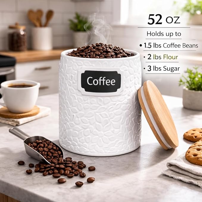 Ceramic Canister for the Kitchen (52oz/1537ml) – Airtight Kitchen Counter Storage with Bamboo Lids, Decorative Flour Sugar Coffee Jars for Pantry & Home