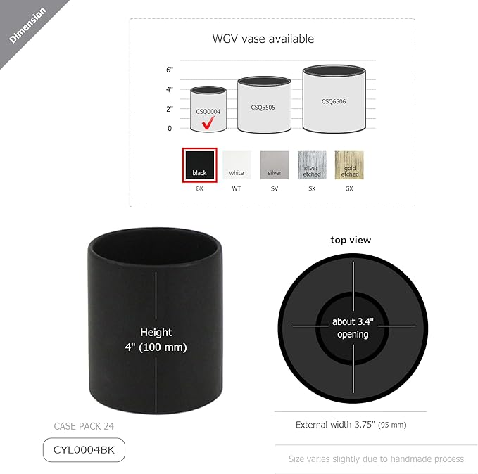WGVI Matte Black Ceramic Cylinder Vase Width 3.75" Height 4", Flower Arrangements, Candle Holder, Terrarium Planter Pot, Tabletop Storage Container Organizer Pen Brush Holder, Bulk Wholesale, 6 Pcs