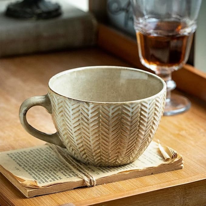Large Mug, Ceramic Cup with Wood Saucer Set of 1, Cup for Coffee Tea Cereal Breakfast Milk Hot cocoa, Vintage Wheat Embossed Stoneware Mug, 13.3oz/400ml - Microwave Dishwasher Safe