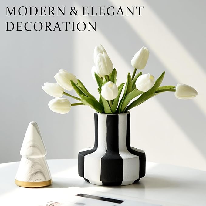 Modern Nordic Black and White Striped Ceramic Vase – Rough-Textured Minimalist Tabletop Decor for Living Room, Bedroom, Office – Unique Centerpiece for Wedding or Housewarming Gift