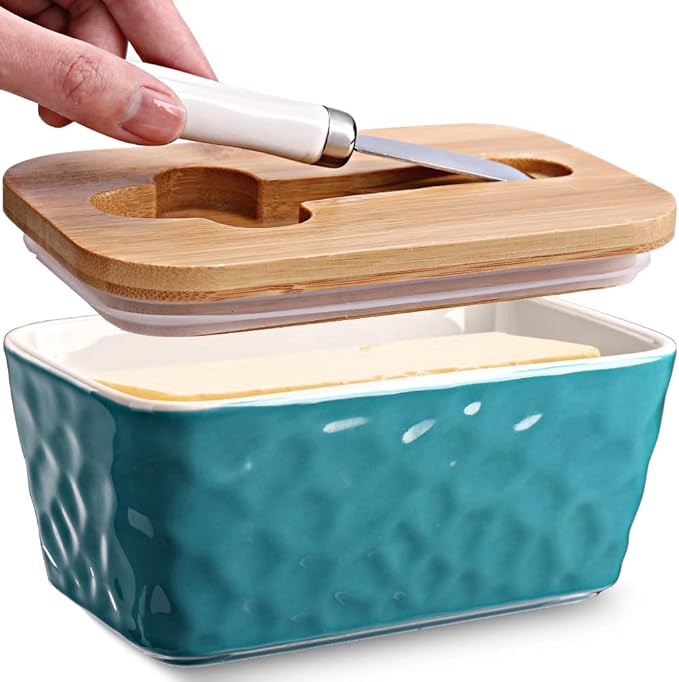 Butter Dish with Lid: Large Butter Dish for Countertop - Ceramic Butter Container with Knife Double Silicone Seal - Unique Stone Butter Dishes with Covers for Farmhouse Kitchen Decor Home Decor Green