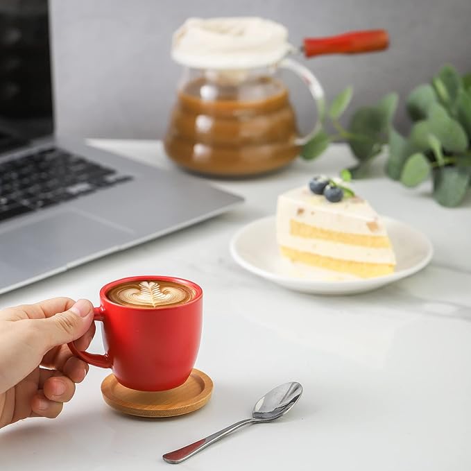 HASENSE Espresso Cups and Saucers Set of 6, 3.5 OZ Demitasse Cups with Handle for Drinks, Latte, Cappuccino, Cafe Mocha and Tea, Porcelain Coffee Cups for Coffee Bar Home and Party, Red