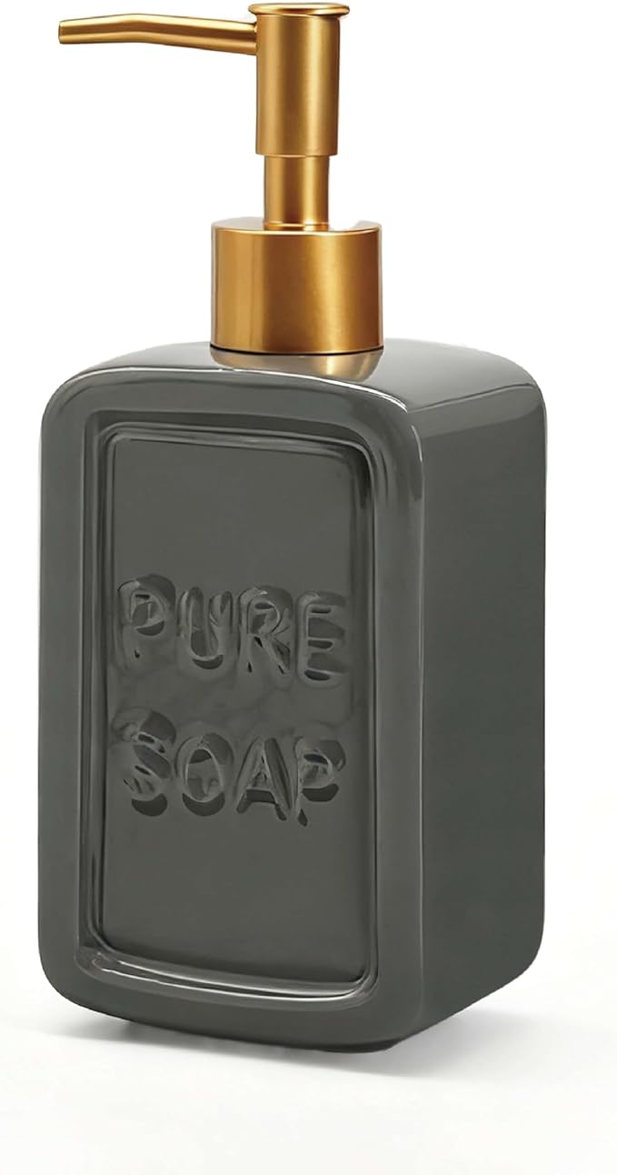 Ceramic Retro Soap Dispenser with Gold Pump, 15oz Capacity, Premium Ceramic Design for Bathroom or Kitchen (Grey)