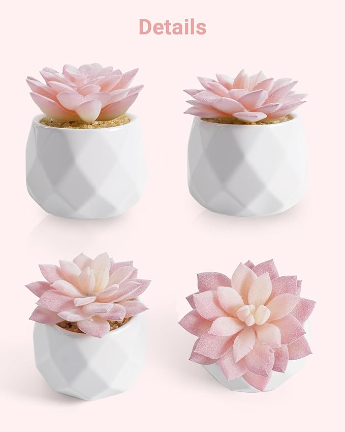 VIVERIE Mini Succulents Plants Artificial in Pots-Rose Pink, Christmas Small Fake Succulents Plants for Home Decor Indoor for Women, White Ceramic Faux Succulents, Set of 2, Gifts for Mom