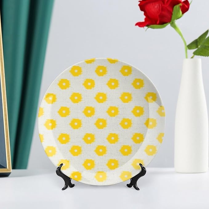 China Plates Yellow Timur Weave in Background Personalized Decor for Club Home Festival Art Decoration Wall Decorative Plate Unique Art with Stand, Multi Sizes by Choosing, Gifts for Men Women