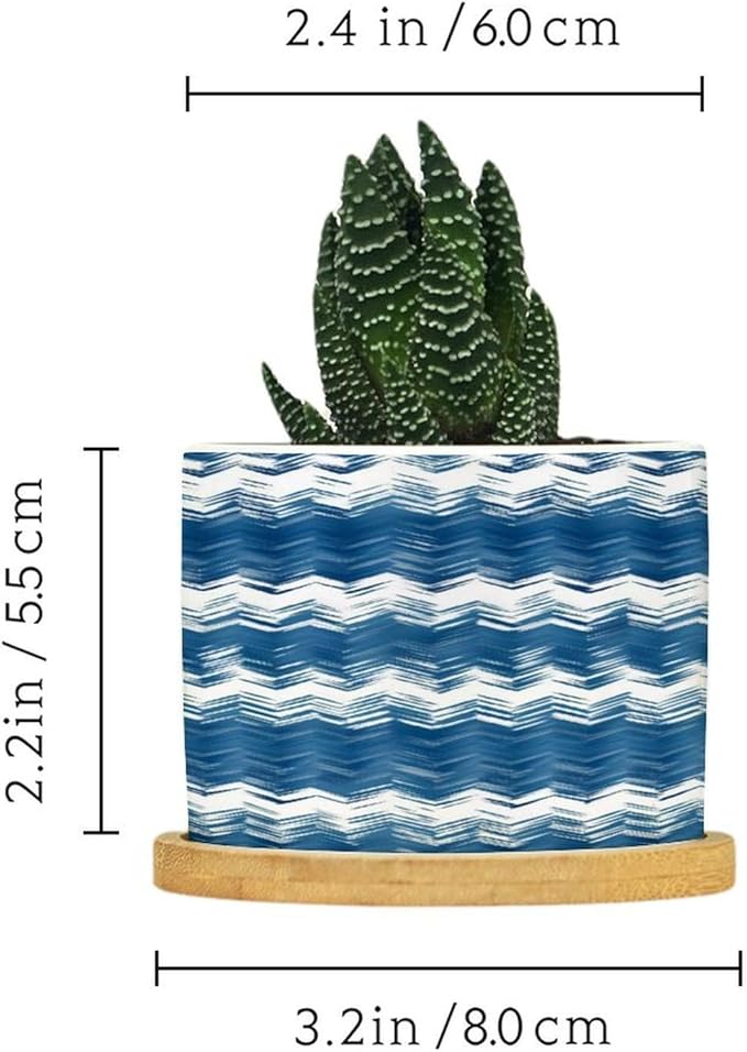 DreamAutumn Ikat Style Zag Pattern Blue Ceramic Pots for Plants with Drainage Holes Round Flower Pot Bamboo Tray Orchid Pot Succulents Pots for Outdoor Indoor Plants,Housewarming Gifts