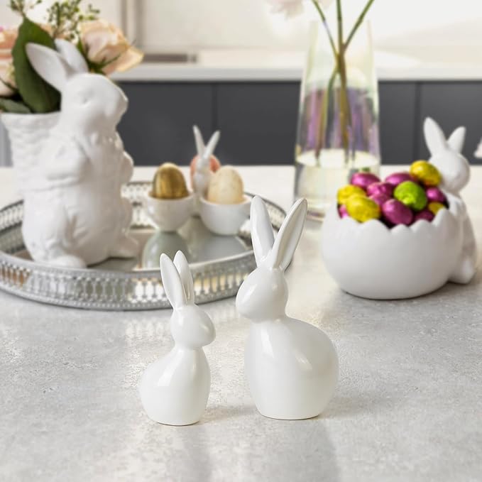 Easter Decorations: Elegant White Ceramic Bunny Figurines Set of 2, Cute Farmhouse Rustic Easter Rabbit Statue Different Size for Spring Easter Holiday Home Office Table Party Decor