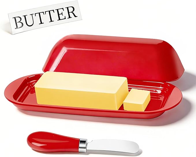 BPA-Free Melamine Butter Dish with Lid & Stainless Steel Knife - Farmhouse Butter Keeper for Countertop & Refrigerator, Dishwasher Safe, Holds 1 Stick with East & West Coast Butter-Red
