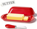 BPA-Free Melamine Butter Dish with Lid & Stainless Steel Knife - Farmhouse Butter Keeper for Countertop & Refrigerator, Dishwasher Safe, Holds 1 Stick with East & West Coast Butter-Red