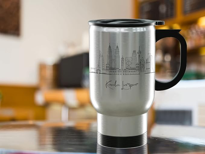 Kuala Lumpur Skyline Steel Mug, Asia Skyline 14oz Travel Mug with Handle & Lid Custom Travel Tumblers, Gift For Birthday, Spill Resistant Tumblers for Women, Personalized Tumbler