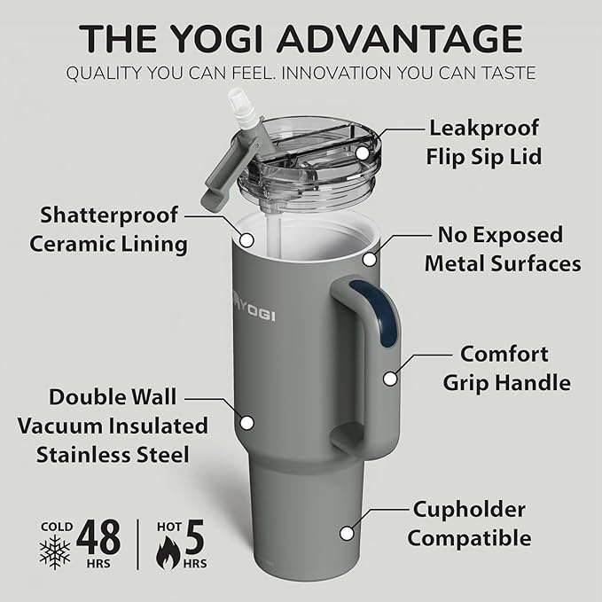 YOGI Ceramic Lined Metal Allergy Safe 40oz Tumbler with Handle and Straw Leakproof Flip & Sip Lid Vacuum Insulated Stainless Steel Travel Cup for Iced Coffee Water and All-Day Hydration 40oz Slate