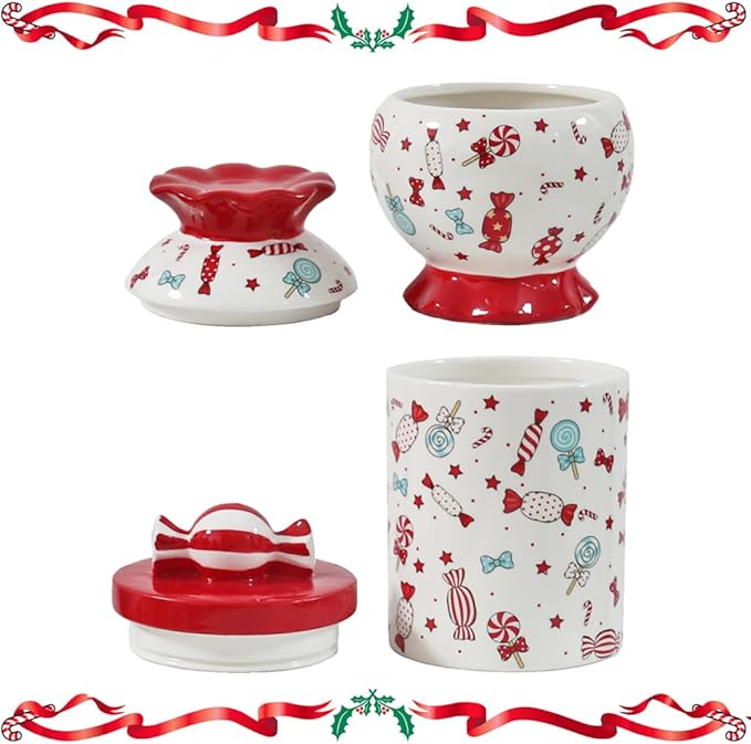 Christmas Cookie Jar with Lid, 2 Pcs Ceramic Candy Jar Canister, Ceramic Storage Jar Container, Decorative Xmas Cookie Container for Holiday Kitchen Counter Displays, Treats, and Gifts (L and M)