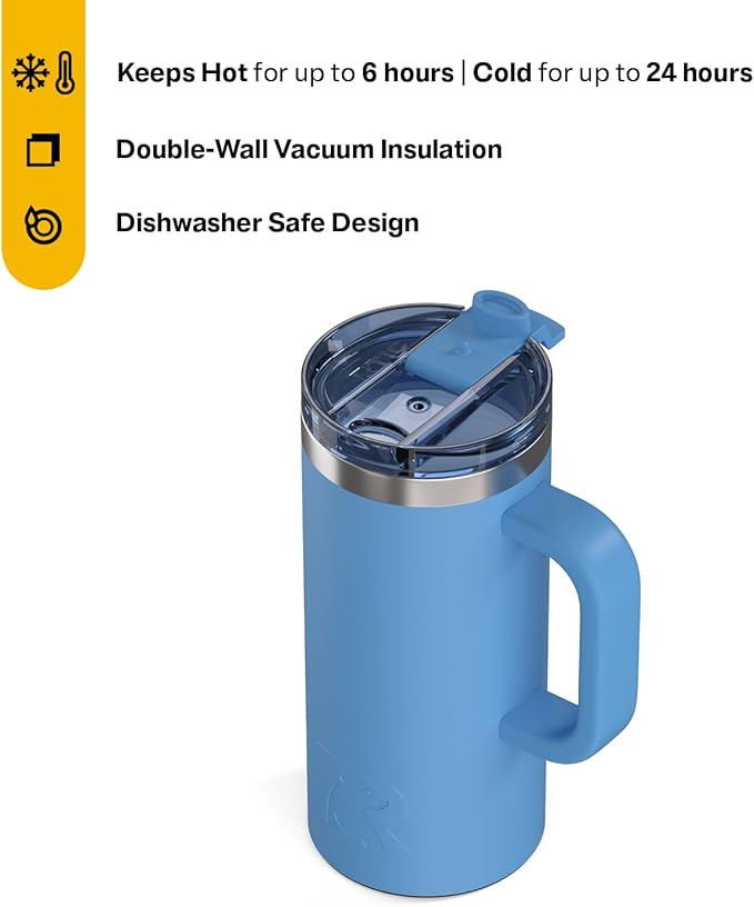 RTIC 16oz Road Trip Travel Mug with Lid and Handle, Insulated, Stainless Steel, Metal, Double Wall Vacuum-Insulation, Ceramic Lined, Portable Coffee, Tea Cup for Hot and Cold Drink, Denim