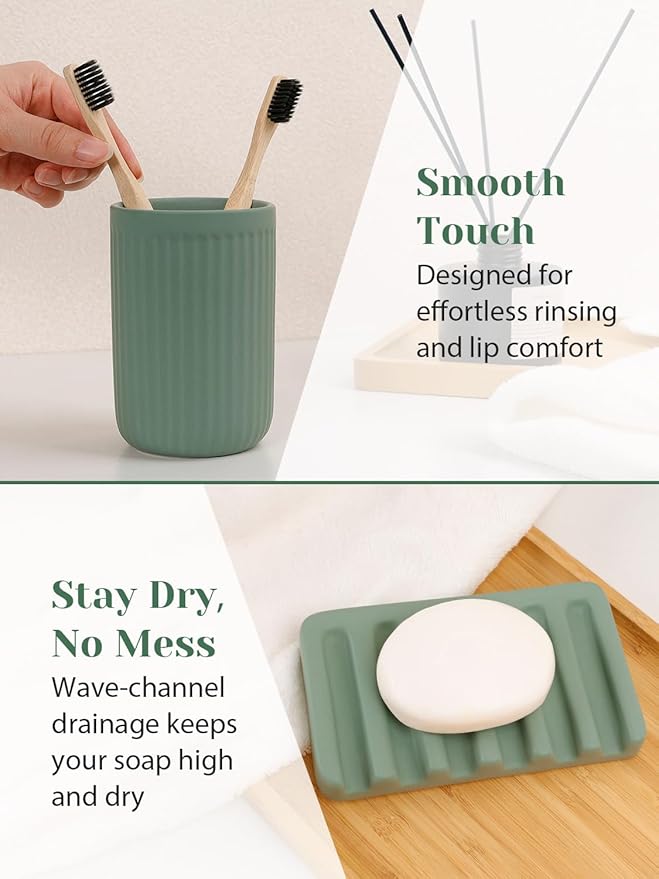 INGOFIN 4 Pcs Ceramic Bathroom Accessory Set - Liquid Soap Dispenser, Toothbrush Holder,Contain Cotton Swab Jar & Soap Dish,Countertop Accessories for Home, Guest Bathroom, Office, Matte Green