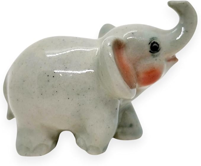 ChangThai Design Tiny 1½" Gray Baby Elephant Walk Trunk Up Figurine - Miniature Hand Made Painted Ceramic Asian Elephants Cute Wildlife Wild Animals Porcelain Decorative Collectible Figure Décor Gifts