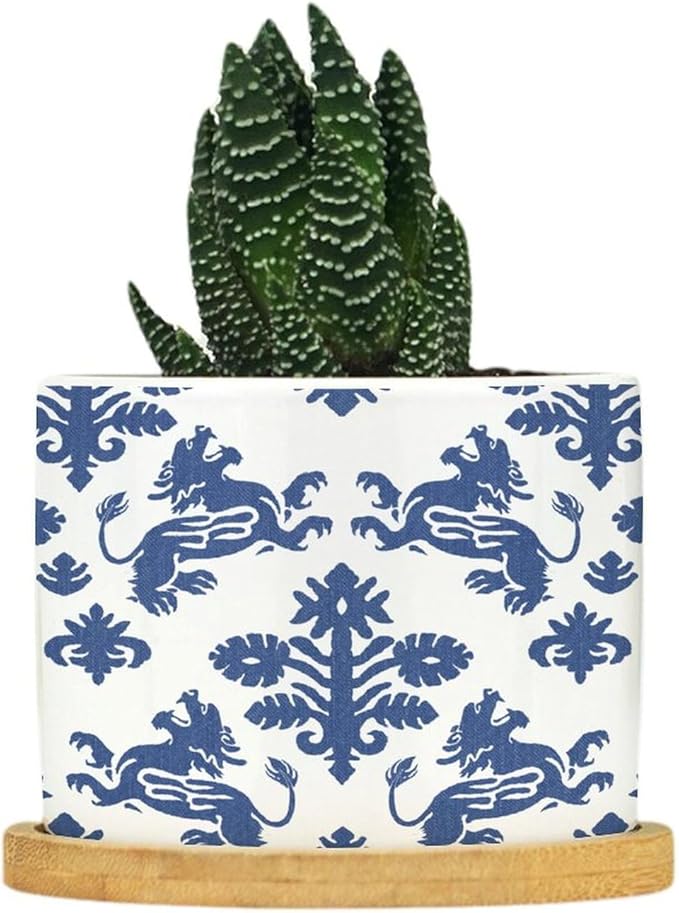 DreamAutumn Navy Blue Regalia Ceramic Pots for Plants with Drainage Holes Round Flower Pot Bamboo Tray Orchid Pot Succulents Pots for Outdoor Indoor Plants,Housewarming Gifts