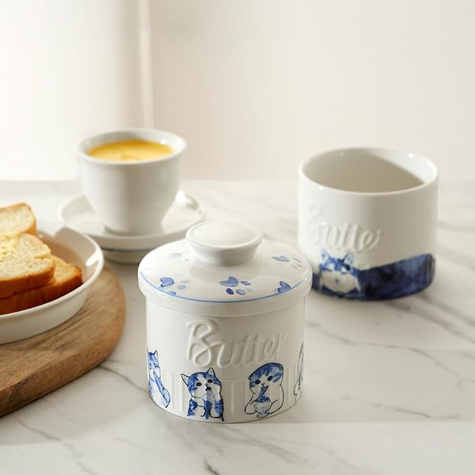 Toptier Butter Crock for Counter With Water Line, On Demand Spreadable Butter, Ceramic Butter Keeper to Leave On Counter, French Butter Dish with Lid (Hottie Cat)