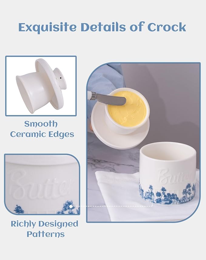TEATALK Vintage Boho Butter Crock - French Ceramic Butter Keeper for Counter,Blue and White Porcelain Butter Dish with Lid, Stay Soft Spreadable Butter Container, 6.7 oz Aesthetic Kitchen Decor