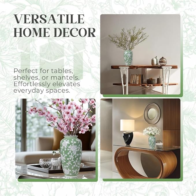 Spring Floral Ceramic Vase, Green and White Chinoiserie Vase with Hand-Painted Peony Design, 14 Inch Tall Decorative Vase for Home Decor, Table Centerpiece