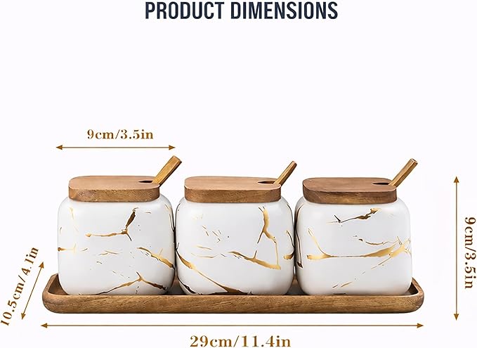 Ceramic Spice Jars Porcelain Condiment Jars Set Marble Ceramic Seasoning Box 3pcs Condiment Pots for salt, sugar, pepper Kitchen Seasoning Condiment Jar Set