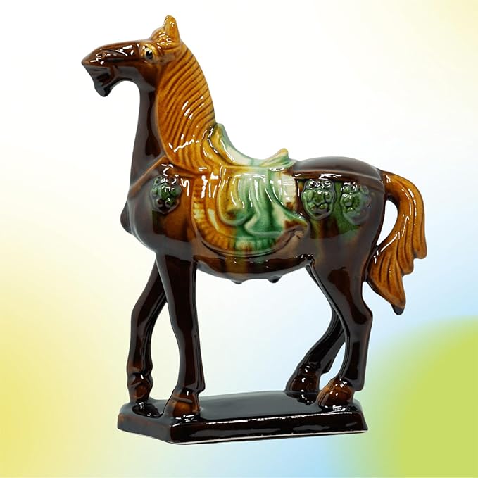 Handmade -Tang Dynasty Tri-Color Horse Sculpture Ceramic Horse-19cm Cultural Art Piece for Home,Bookcase or Office Decor (Brown)