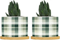 Sage Green Buffalo Plaid Planters Ceramic Green Buffalo Check Round Flower Pots with Drainage Holes and Bamboo Tray Pot for Home Desktop Office Windowsill