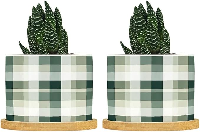Sage Green Buffalo Plaid Planters Ceramic Green Buffalo Check Round Flower Pots with Drainage Holes and Bamboo Tray Pot for Home Desktop Office Windowsill