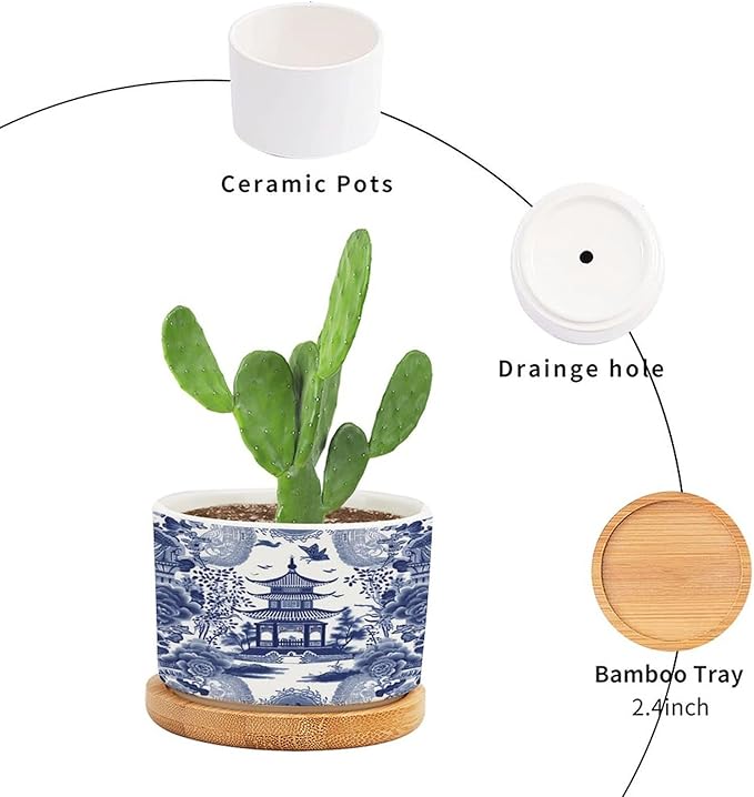 Chinoiserie Blue Asian Planters Ceramic Chinoiserie Chic Asian Round Plant Pots with Drainage Holes and Bamboo Tray Pot for Succulents Cactus Garden Windowsill