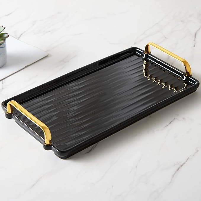 DUJUST Porcelain Serving Tray with Golden Handles, Modern Nordic Style Coffee Table Tray, Beautiful Tea Trays Decor for Living Room, Easy to Use & Clean - Black