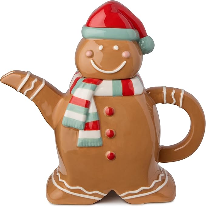 Christmas Whimsy Gingerbread Teapot – 3D Ceramic Holiday Teapot with Festive Red Hat & Scarf, Whimsical Kitchen Décor, Giftable Christmas Serveware, Cocoa & Tea Pot for Entertaining
