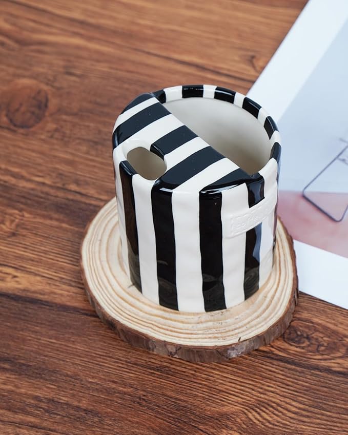 Coffee Mug Espresso Cup 10oz Ceramic Coffee Mugs Porcelain Coffee Cup Hand-Painted Striped Art Multiple Use for Kitchen, Dining-Black